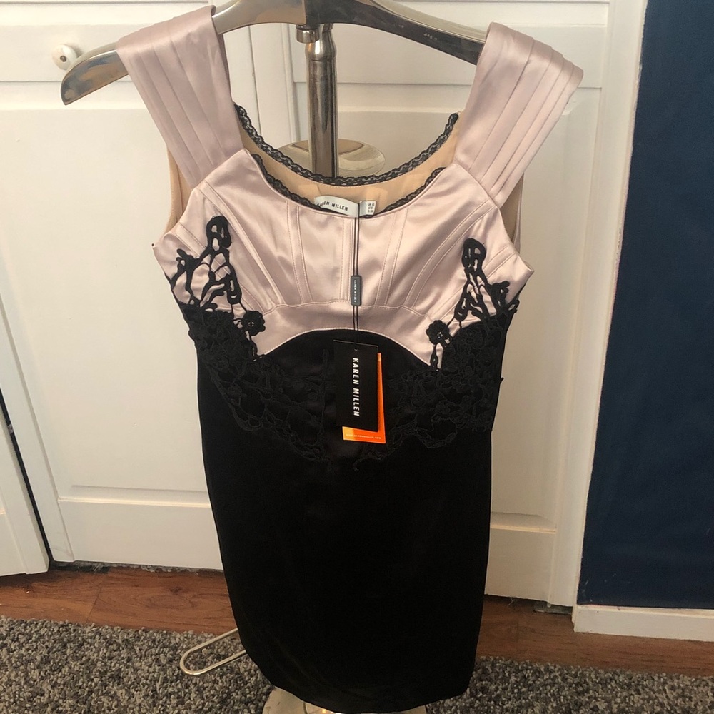 Karen Millen NWT Two-Tone Lace-Trim Bodycon Dress - Black & Taupe